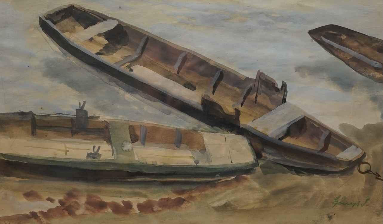 István Szonyi, Hungarian (1894-1960), 'Rowing boats on the Danube, Zebegény'
